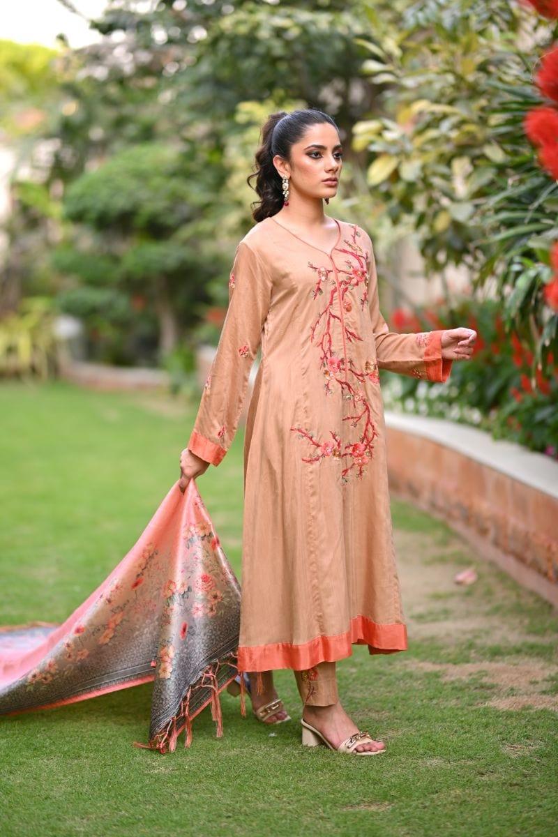 Khayal BY SHAISTA HASSAN - Dusty orange floral - Cotton silk - 3 Piece - Studio by TCS