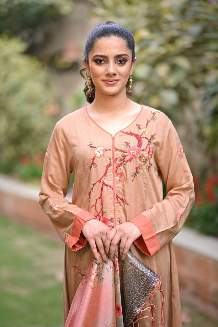 Khayal BY SHAISTA HASSAN - Dusty orange floral - Cotton silk - 3 Piece - Studio by TCS