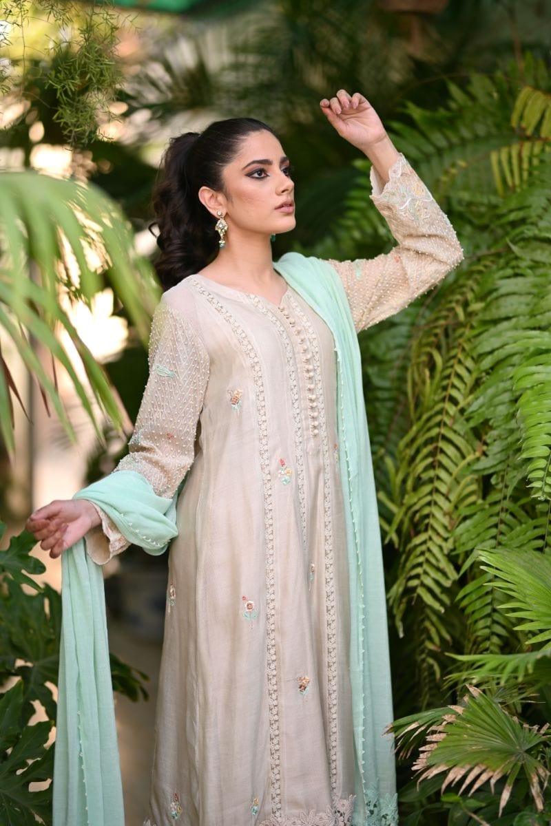 Khayal BY SHAISTA HASSAN - Beige and mint - Silk net - 3 Piece - Studio by TCS