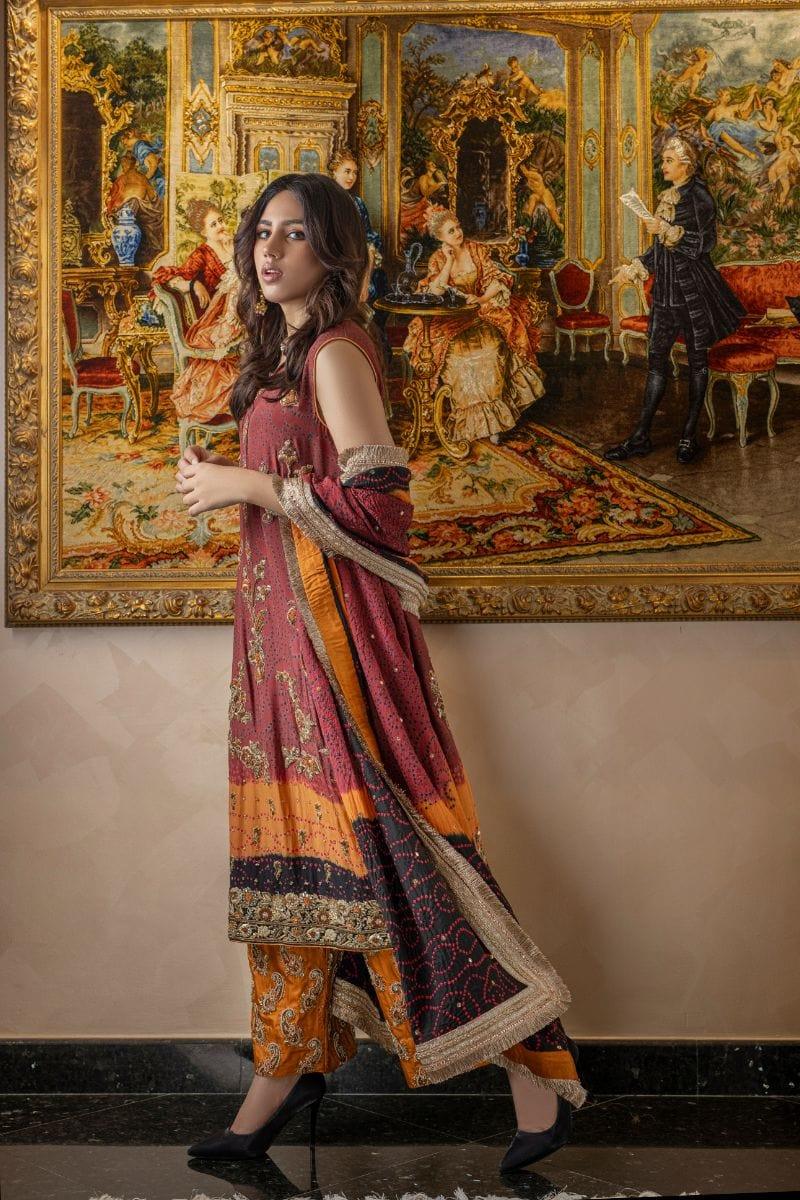 Khayal BY SHAISTA HASSAN - Maroon and black pure silk chunri and Izaar with chunri dupatta - 3 Piece - Studio by TCS