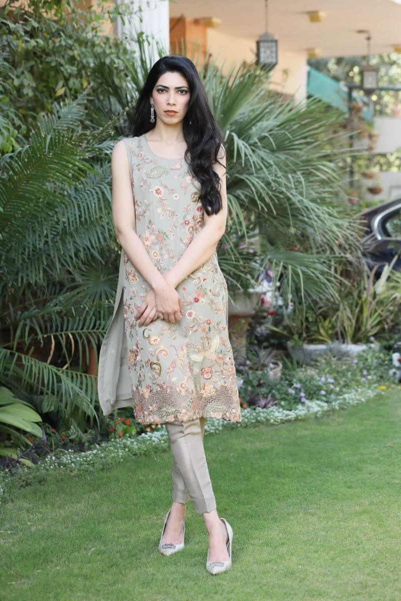 Khayal BY SHAISTA HASSAN - Grey with Peach Threadwork with Straight Pant - 3 Piece - Studio by TCS