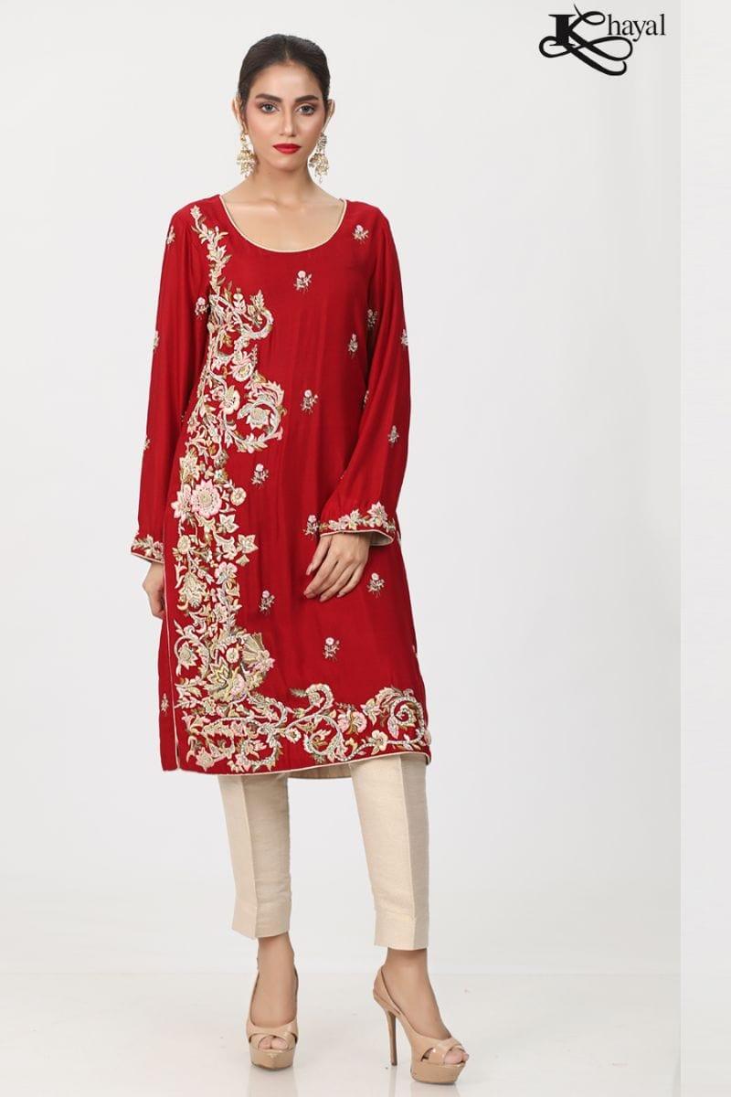 Khayal BY SHAISTA HASSAN - Red cotton silk straight shirt with threadwork and staight pants and duppata - 3 Piece - Studio by TCS