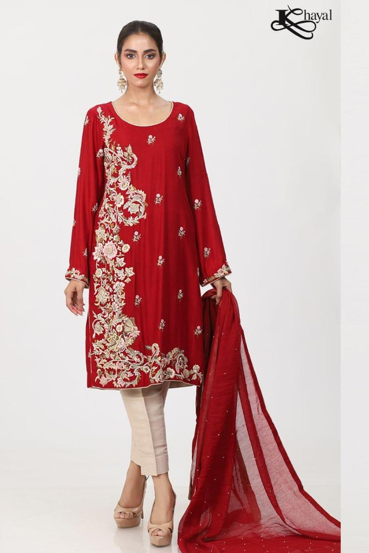 Khayal BY SHAISTA HASSAN - Red cotton silk straight shirt with threadwork and staight pants and duppata - 3 Piece - Studio by TCS