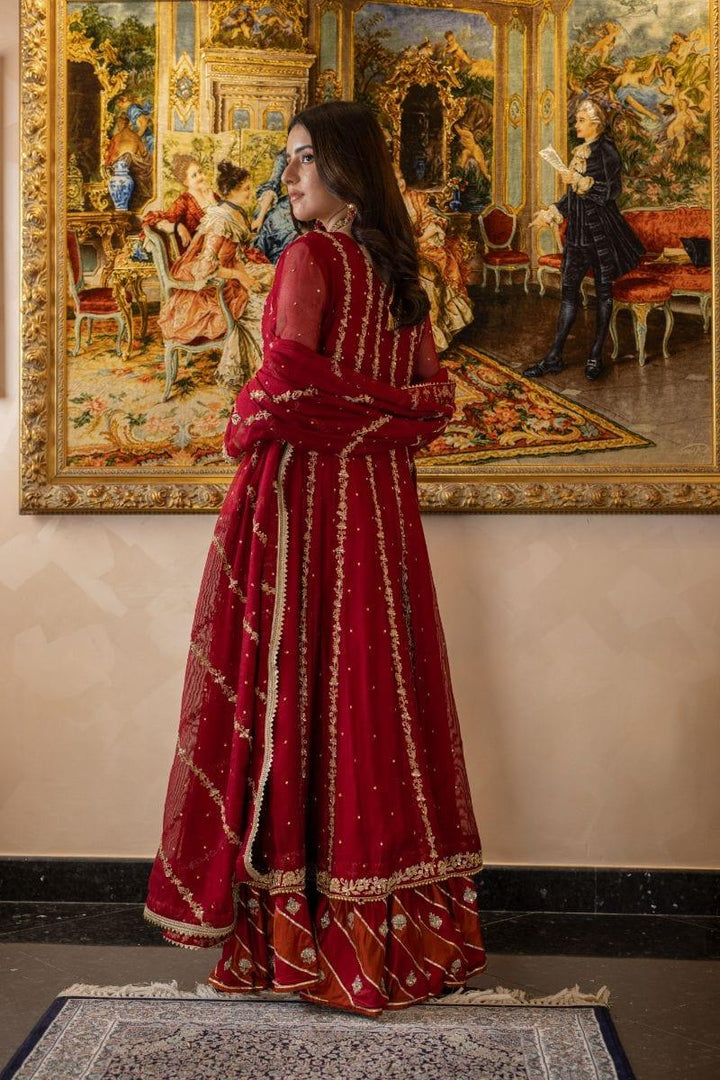 Khayal BY SHAISTA HASSAN - Pure silk net angarkha with chatta patti farshi gharara and silk net dupatta. - 3 Piece - Studio by TCS