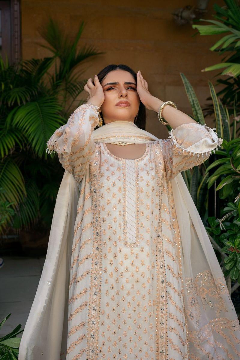 Khayal BY SHAISTA HASSAN - Off-White and Orange - Pure chiffon - 3 Piece - Studio by TCS