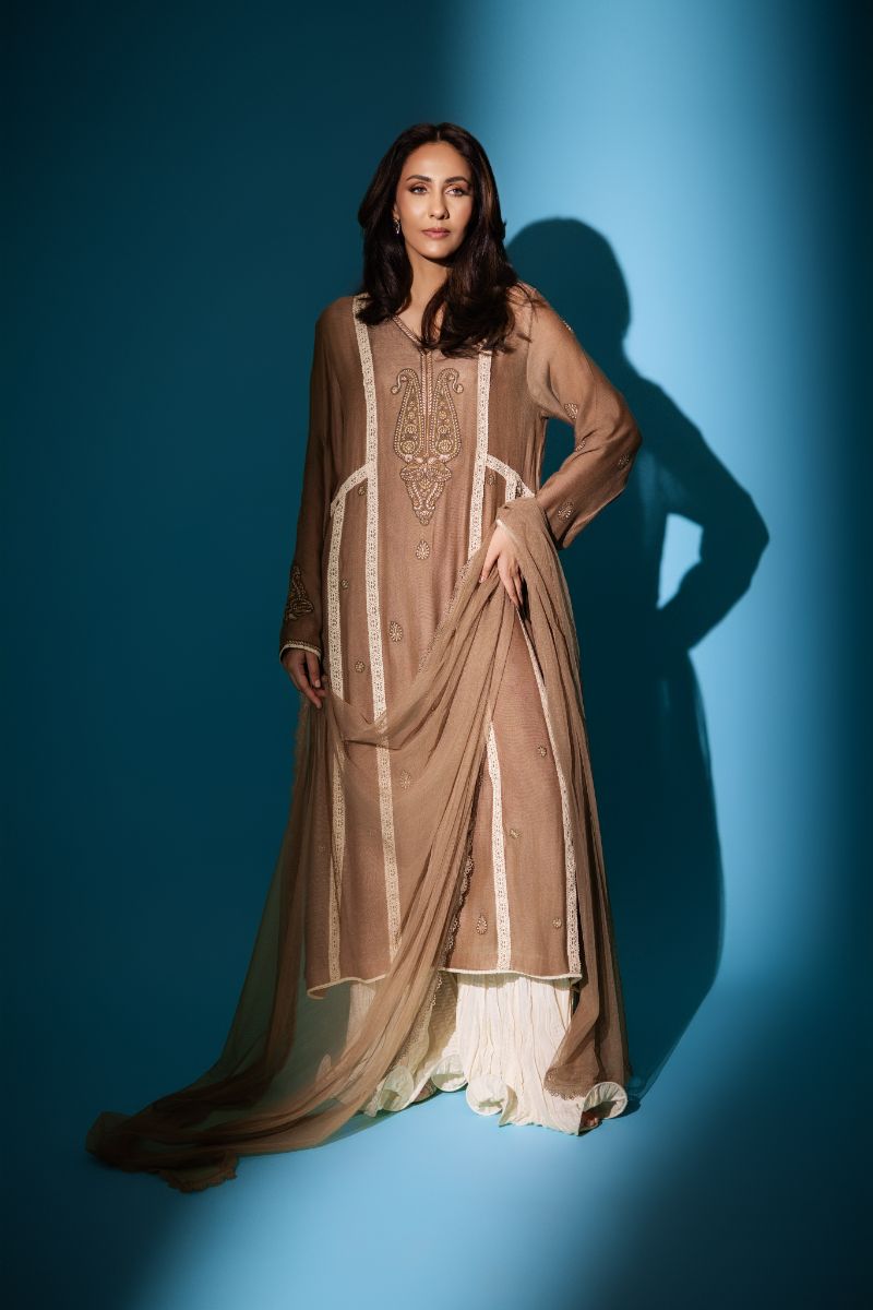 Insia Sohail - Kalidaar  - Brown - 3 Piece - cotton net