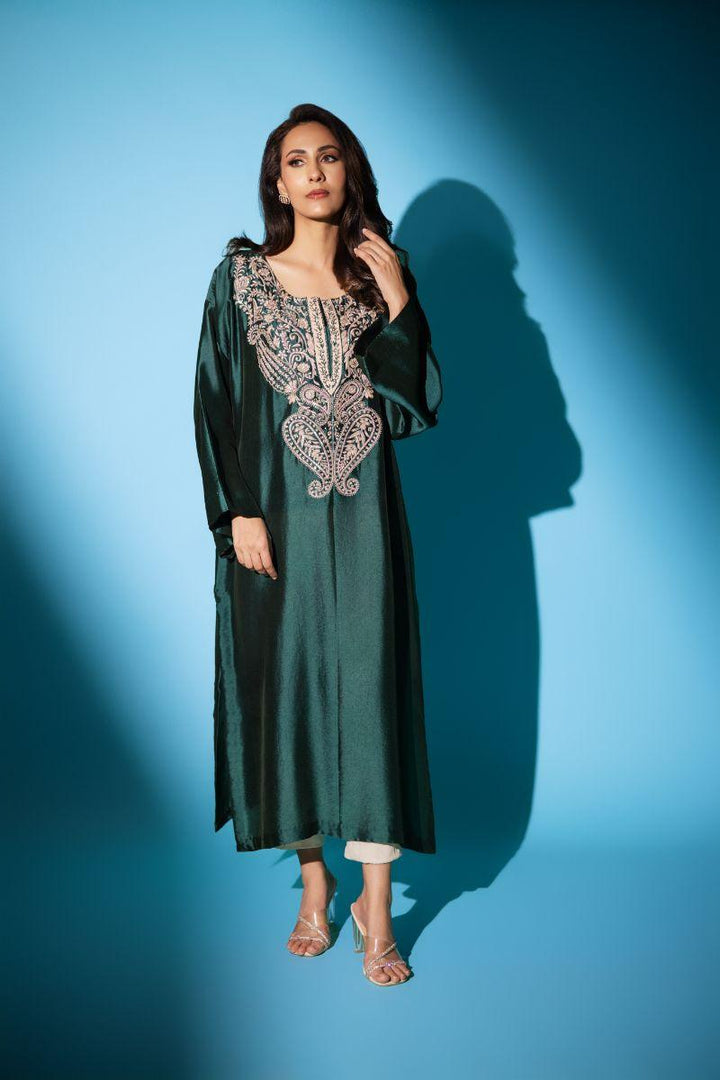 Insia Sohail - Kashmiri Kurta - Bottle Green - 3 Piece - silk