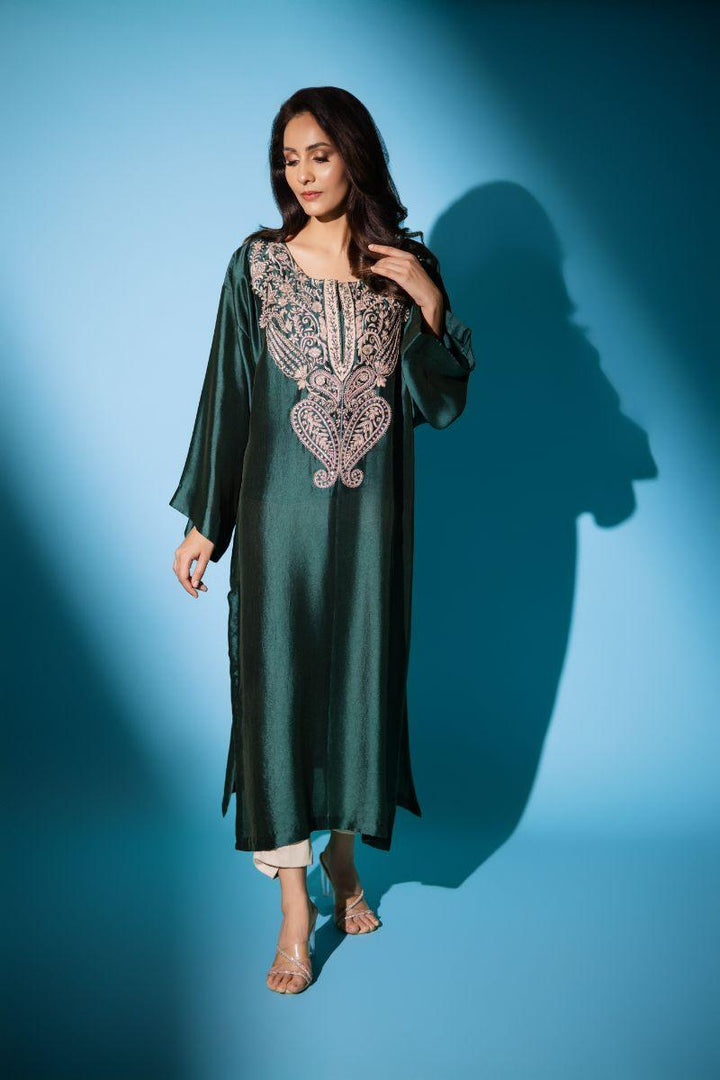 Insia Sohail - Kashmiri Kurta - Bottle Green - 3 Piece - silk