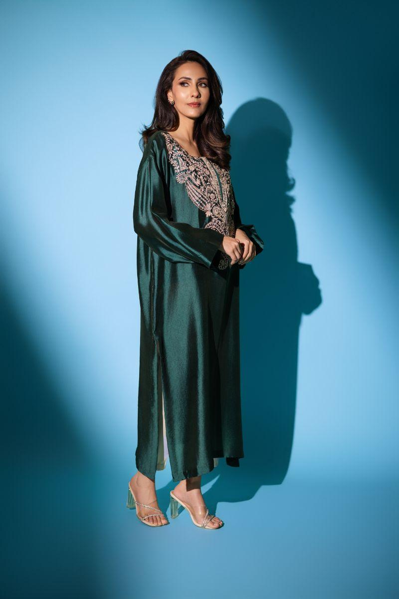 Insia Sohail - Kashmiri Kurta - Bottle Green - 3 Piece - silk