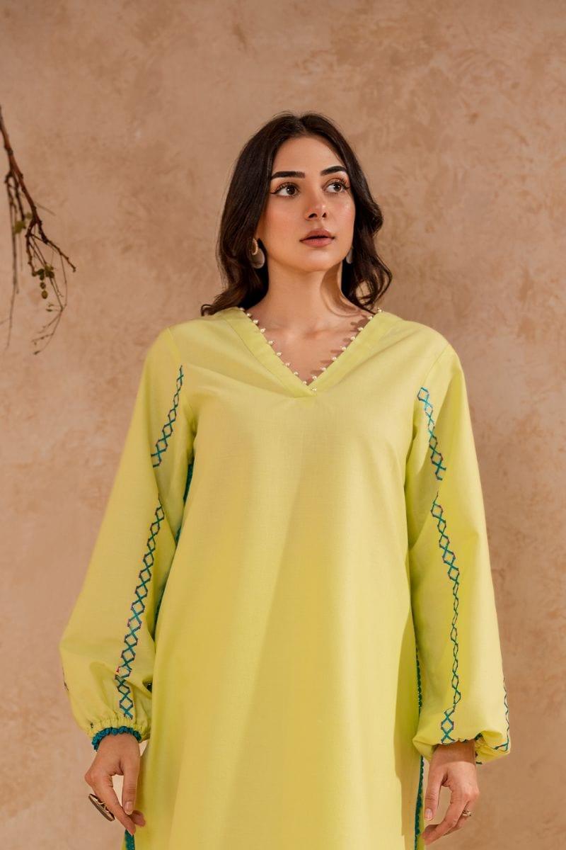 Fozia Khalid - Lime Green Tunic with Trouser - Cotton - 2 Piece - Studio by TCS