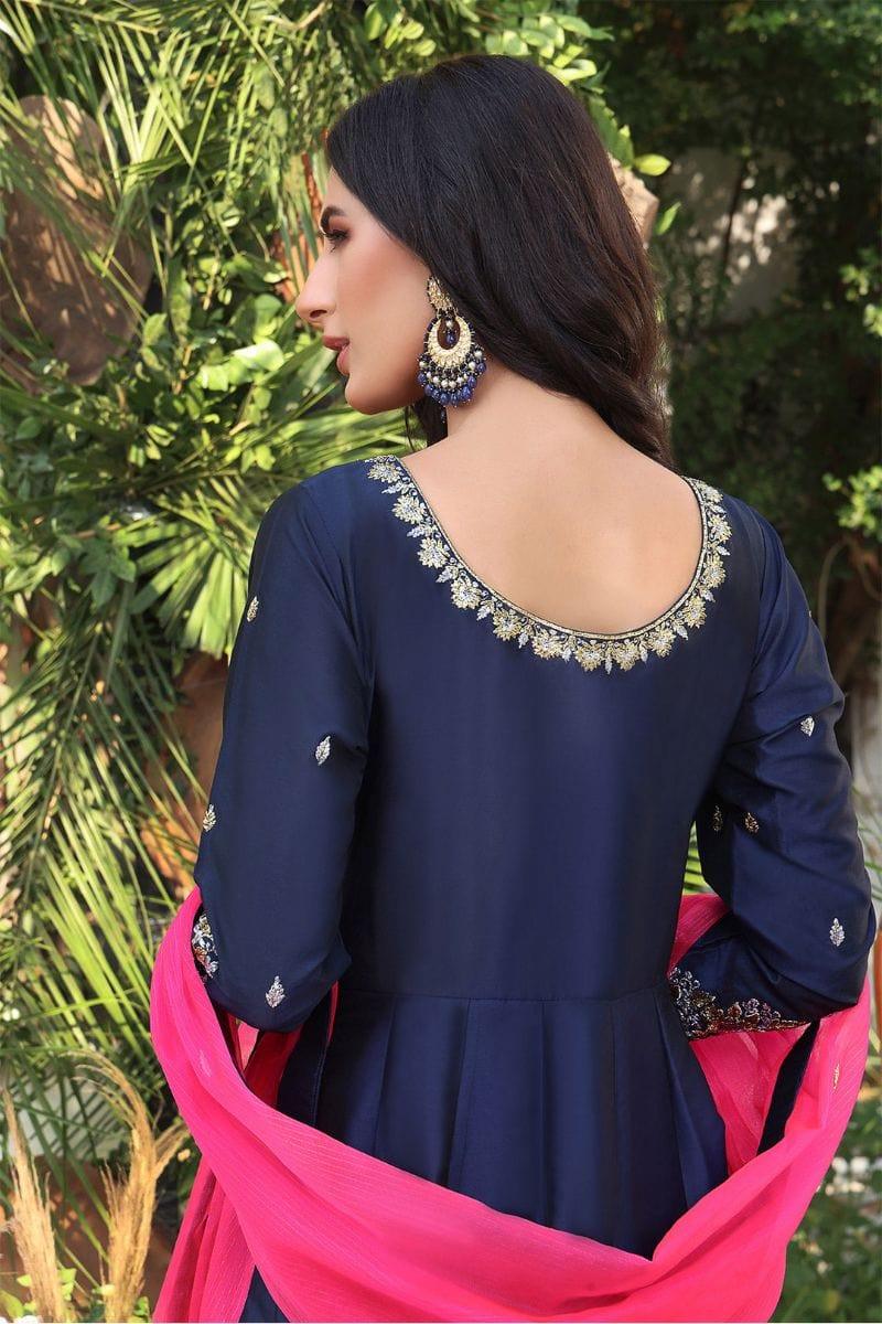 Sanas - Lorex Embroidered Lychee Silk Long Maxi - ZEENAT - M202217 - Navy Blue - Studio by TCS