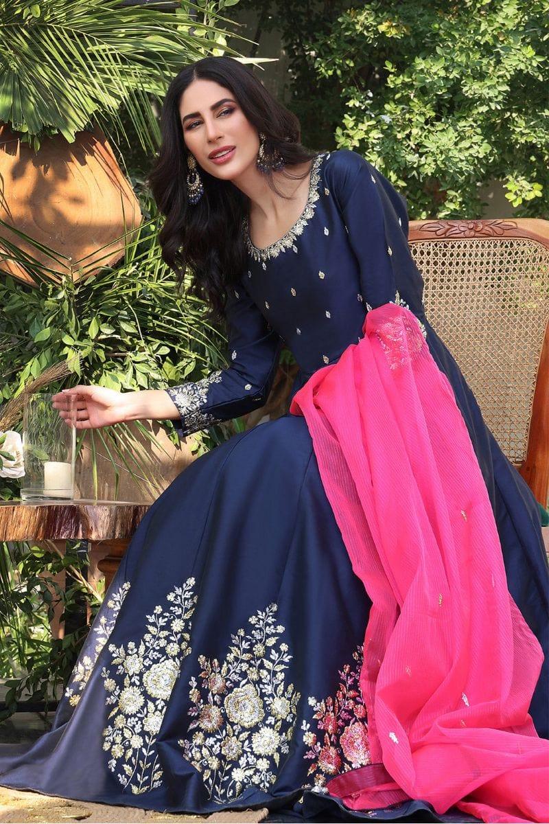 Sanas - Lorex Embroidered Lychee Silk Long Maxi - ZEENAT - M202217 - Navy Blue - Studio by TCS