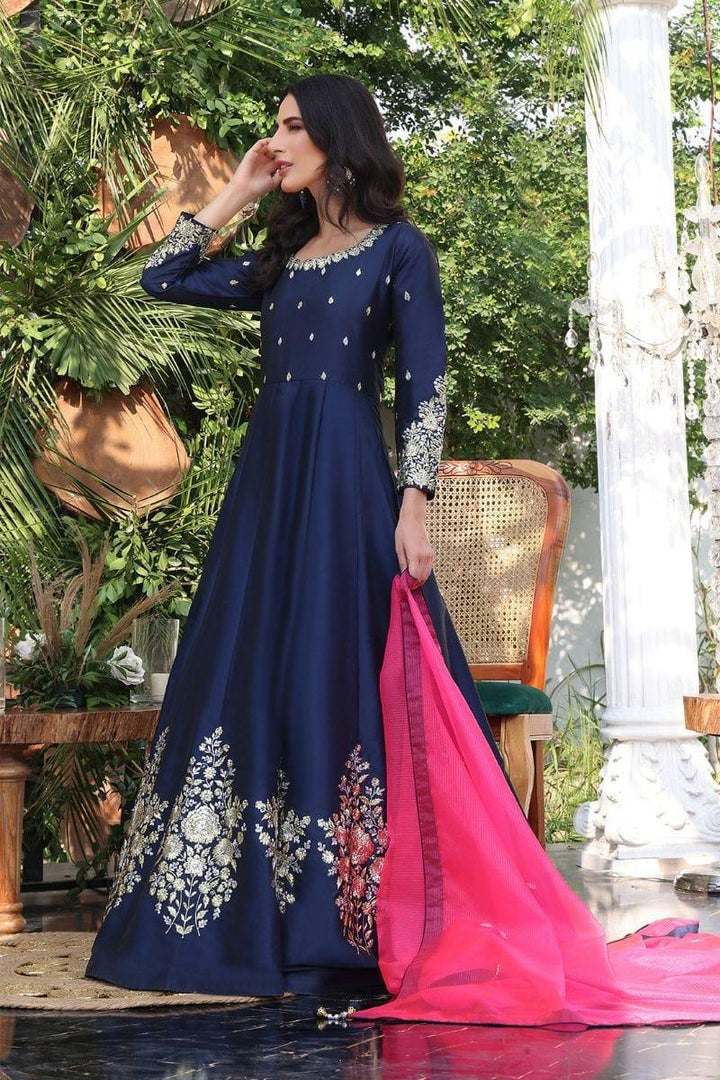 Sanas - Lorex Embroidered Lychee Silk Long Maxi - ZEENAT - M202217 - Navy Blue - Studio by TCS