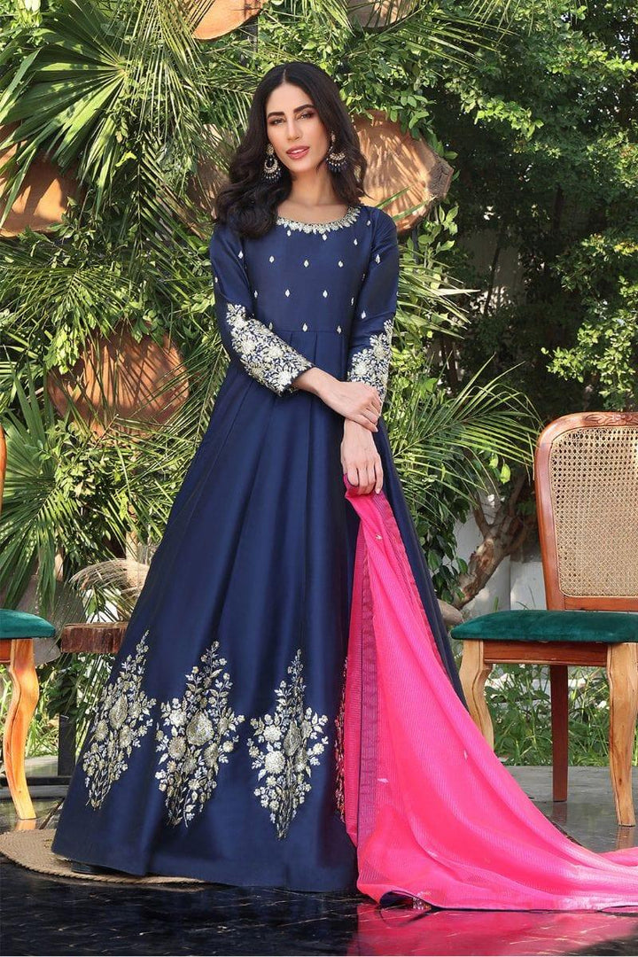 Sanas - Lorex Embroidered Lychee Silk Long Maxi - ZEENAT - M202217 - Navy Blue - Studio by TCS