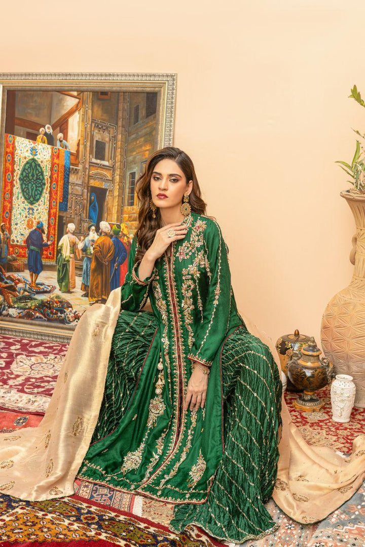 Khayal by Shaista Hasan - Emerald serenity - Jamawar & Maysuri - 3 Piece