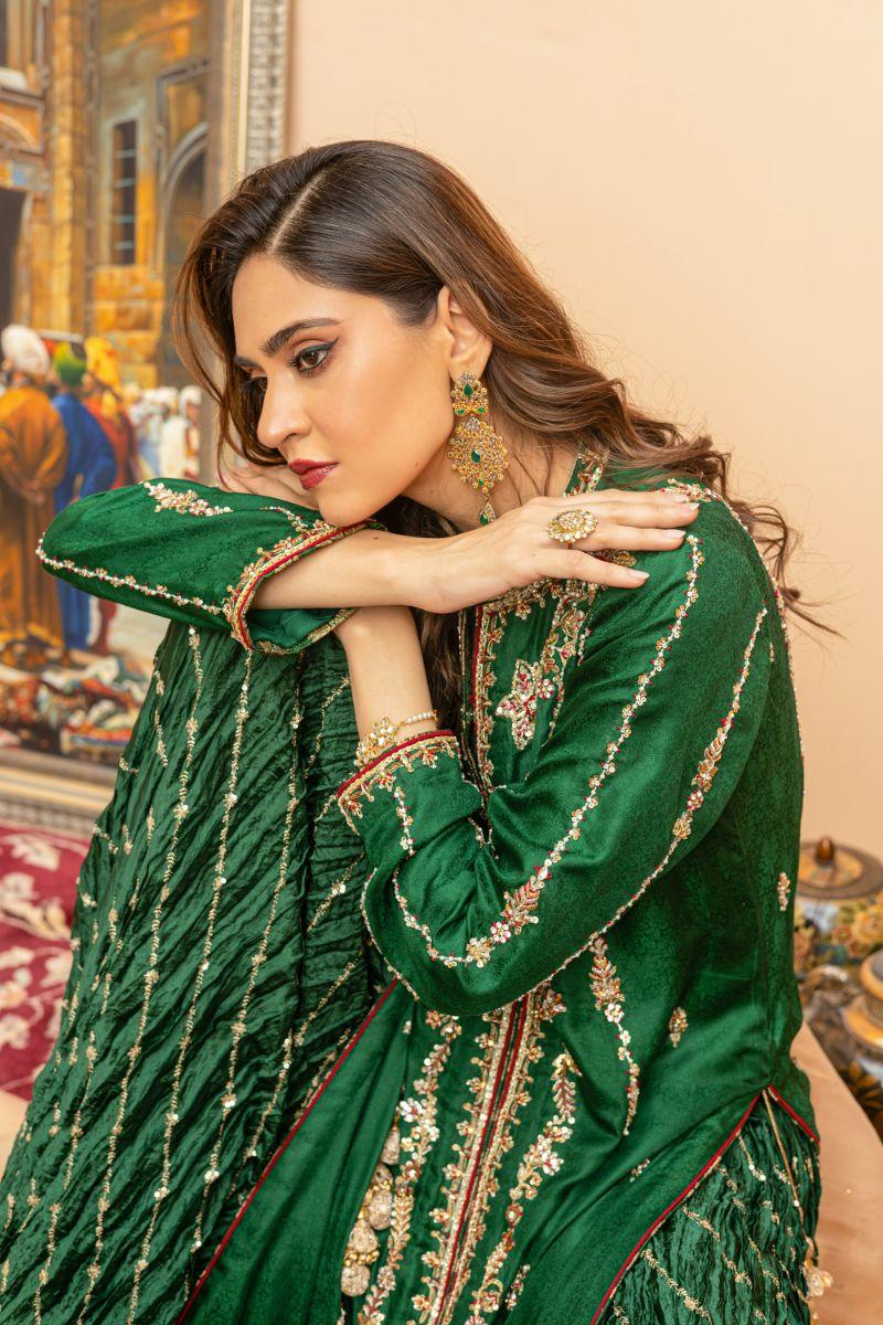 Khayal by Shaista Hasan - Emerald serenity - Jamawar & Maysuri - 3 Piece