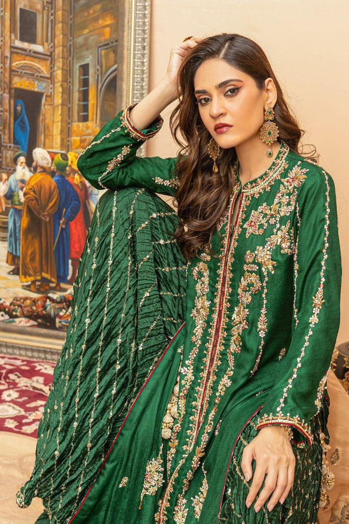 Khayal by Shaista Hasan - Emerald serenity - Jamawar & Maysuri - 3 Piece