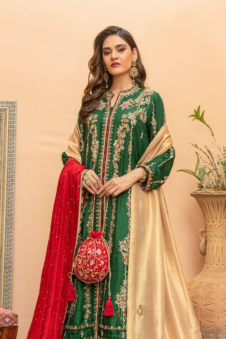 Khayal by Shaista Hasan - Emerald serenity - Jamawar & Maysuri - 3 Piece