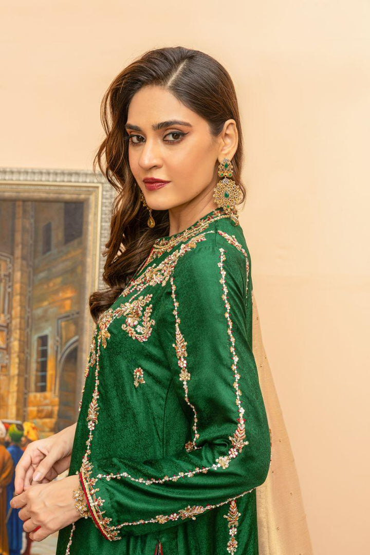 Khayal by Shaista Hasan - Emerald serenity - Jamawar & Maysuri - 3 Piece