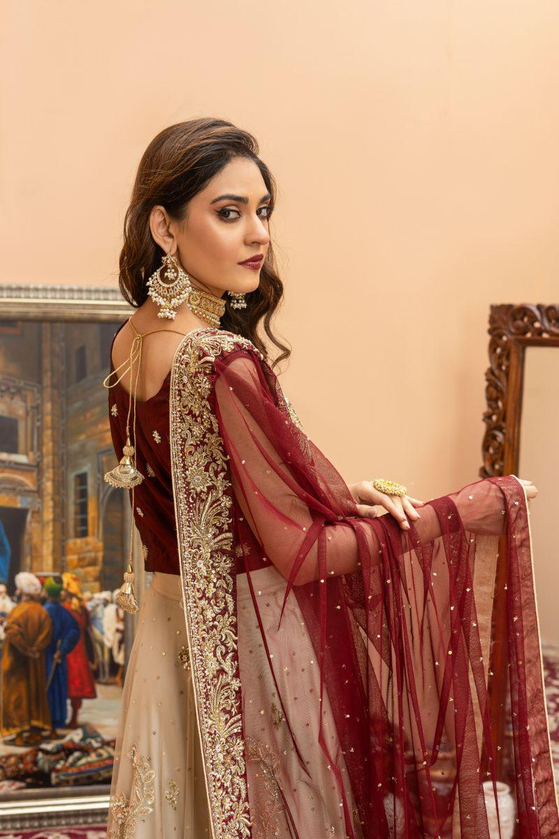 Khayal by Shaista Hasan - Gilded Crimson - Maroon - Silk & Net Dupatta - 3 Piece