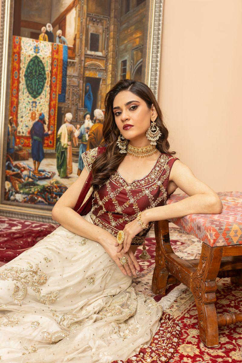 Khayal by Shaista Hasan - Gilded Crimson - Maroon - Silk & Net Dupatta - 3 Piece