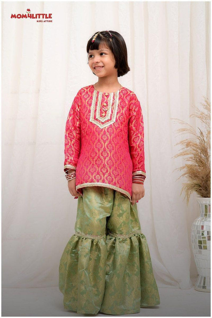 Mom4Little - Emerald Gharara Set - Pink & Green - 3 Piece - Studio by TCS