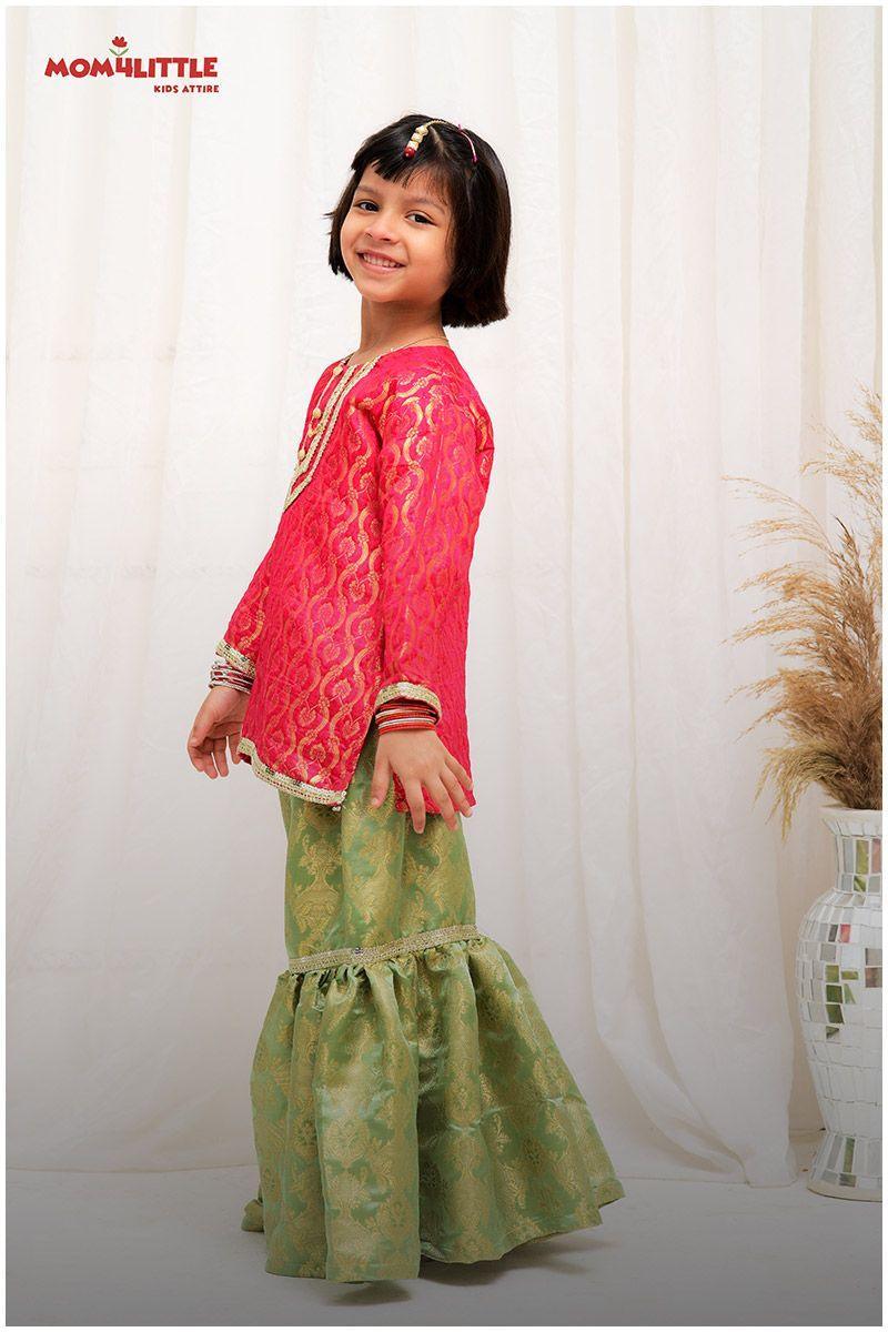 Mom4Little - Emerald Gharara Set - Pink & Green - 3 Piece - Studio by TCS