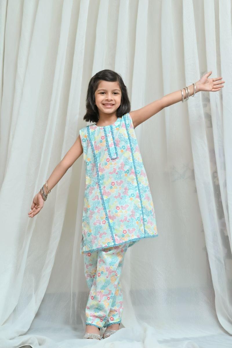 Mom4Little Aqua blue Printed Co-ords Set-2 piece - Studio by TCS