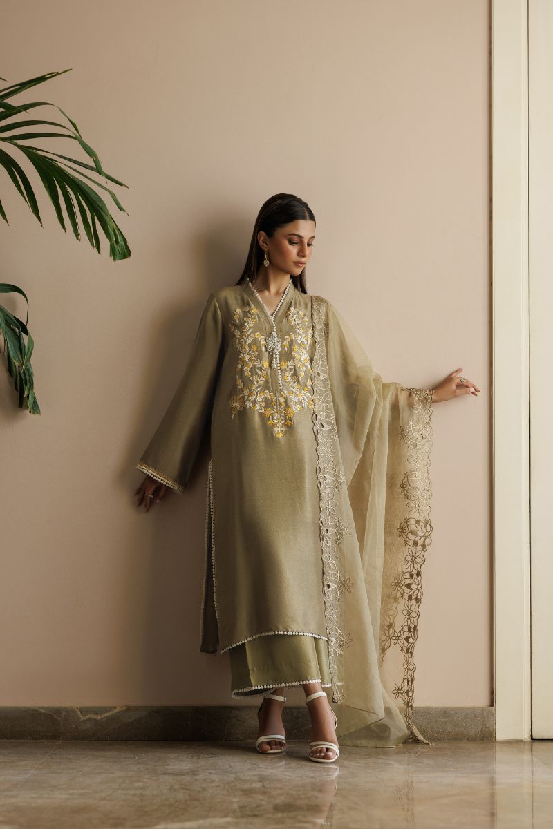 Deepak Perwani - Kut296 - Raw Silk - Green & Ochre - 3 Piece