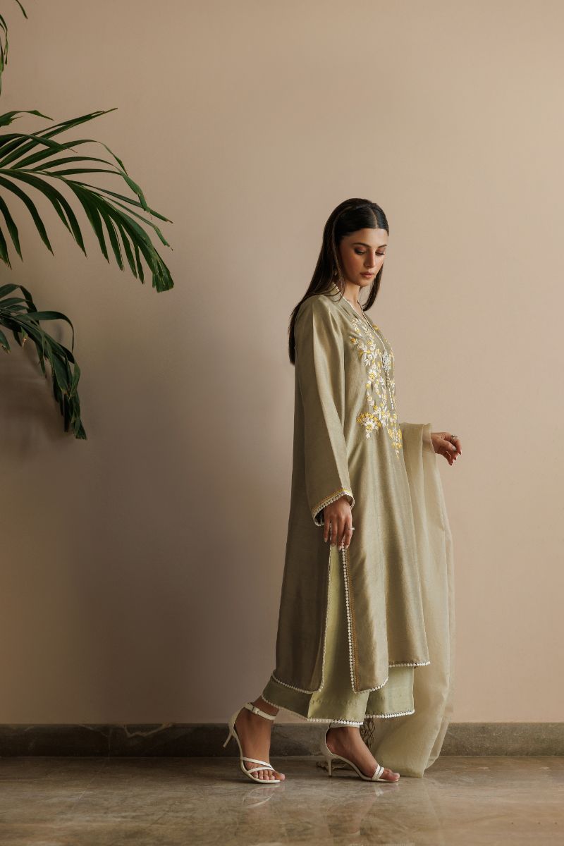 Deepak Perwani - Kut296 - Raw Silk - Green & Ochre - 3 Piece