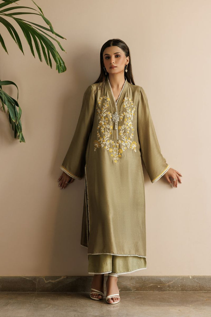 Deepak Perwani - Kut296 - Raw Silk - Green & Ochre - 3 Piece