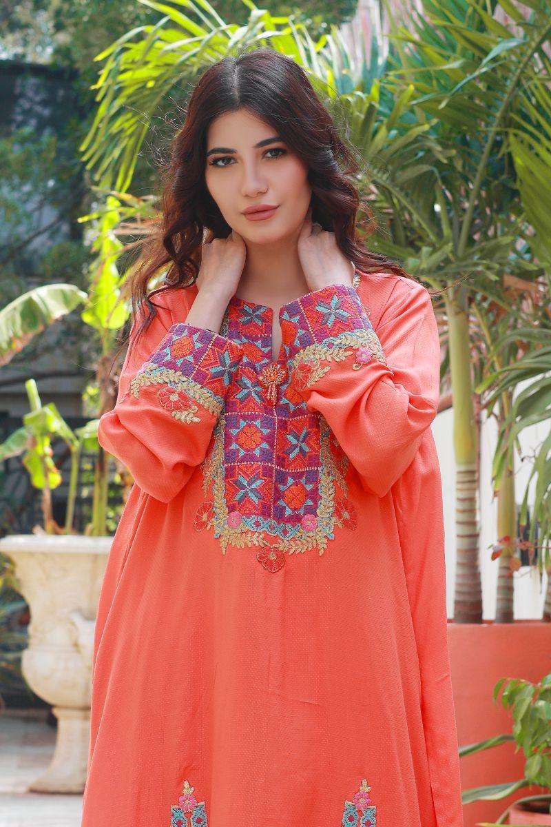 Huma Adnan - Marigold - Linen - Orange - 2 Piece - Stitched