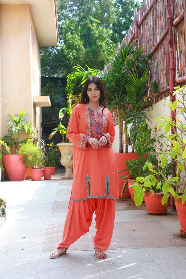 Huma Adnan - Marigold - Linen - Orange - 2 Piece - Stitched