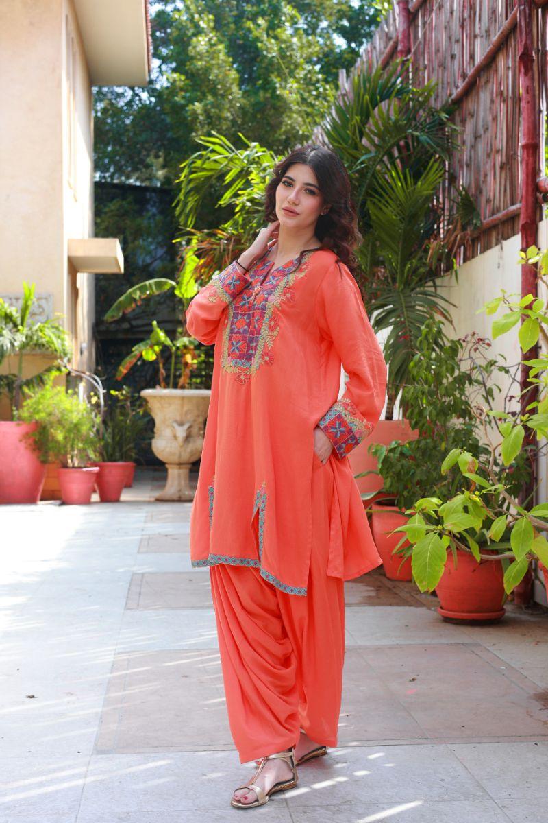 Huma Adnan - Marigold - Linen - Orange - 2 Piece - Stitched