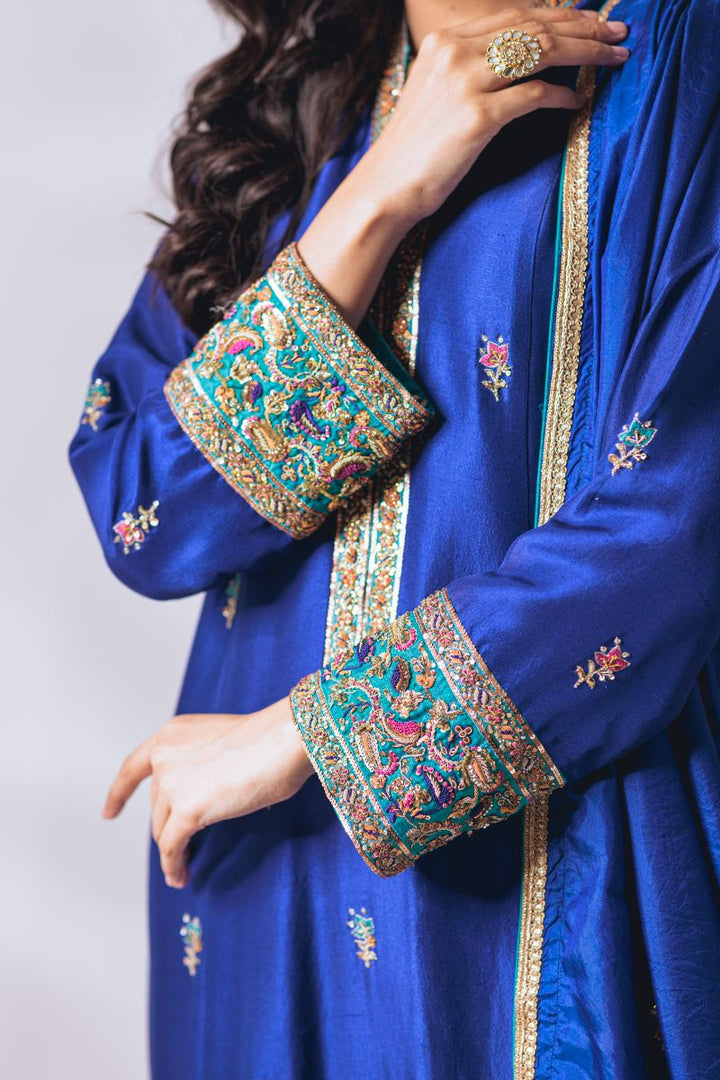 Khayal by Shaista Hasan - Midnight azure - Raw Silk & Katan Silk - 3 Piece