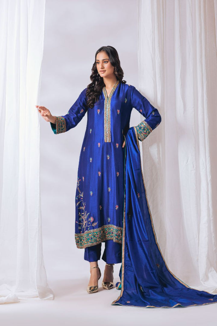 Khayal by Shaista Hasan - Midnight azure - Raw Silk & Katan Silk - 3 Piece