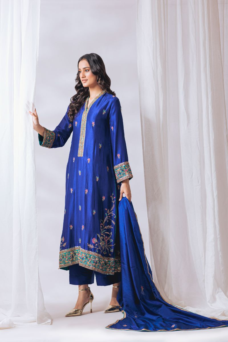 Khayal by Shaista Hasan - Midnight azure - Raw Silk & Katan Silk - 3 Piece