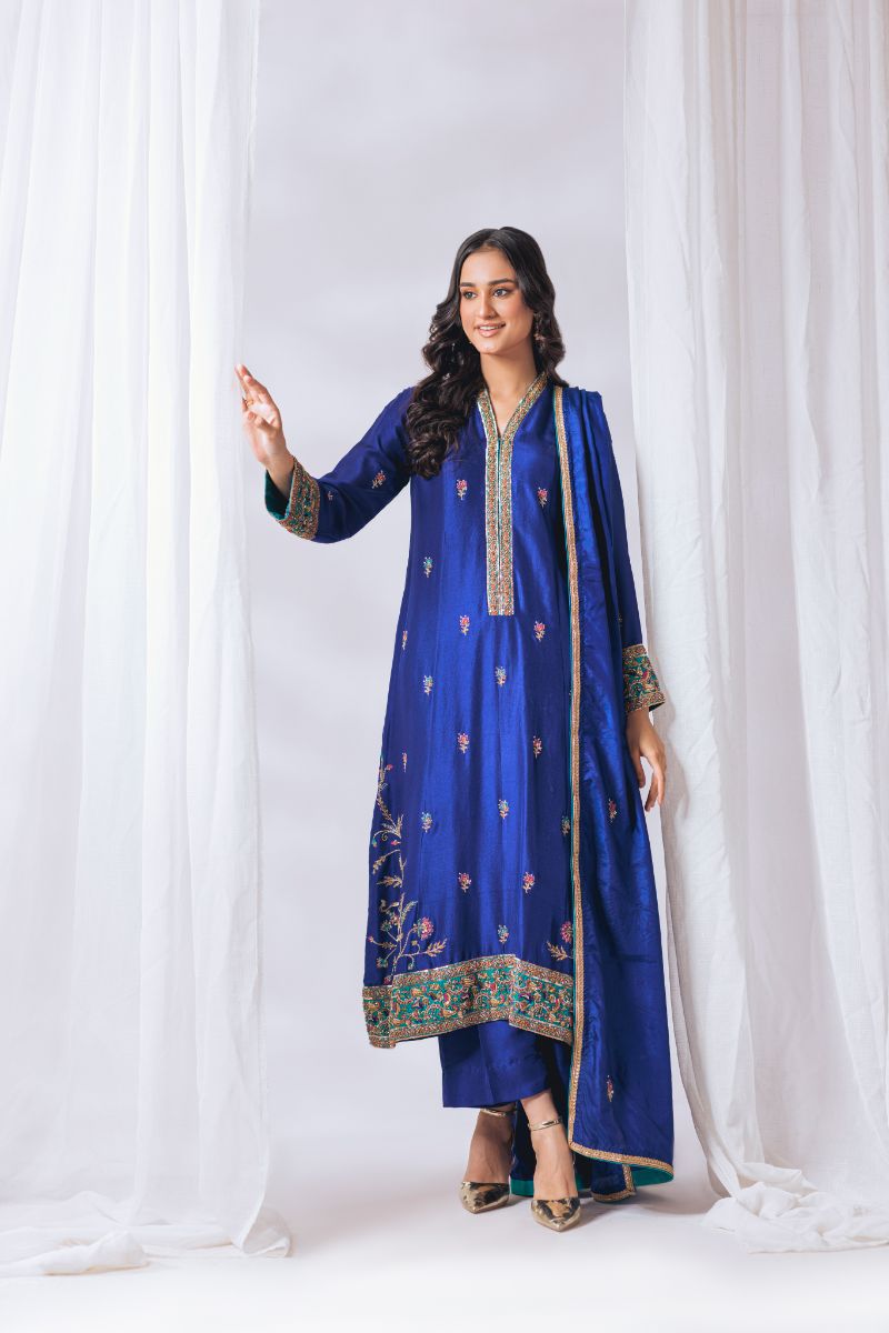 Khayal by Shaista Hasan - Midnight azure - Raw Silk & Katan Silk - 3 Piece