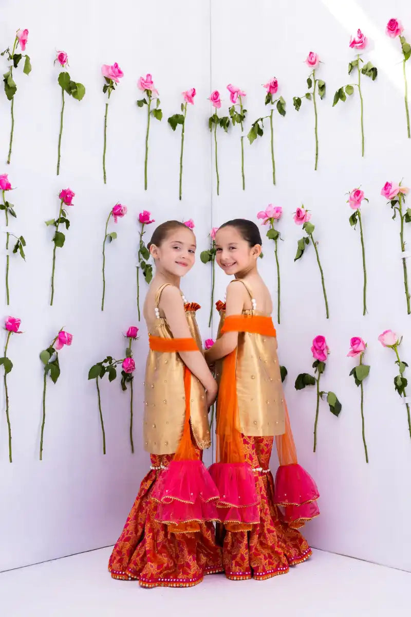 Mia & Mila - Mini Empress - Gold & Orange - Pure Mesuri & Jamawar - 2 Piece