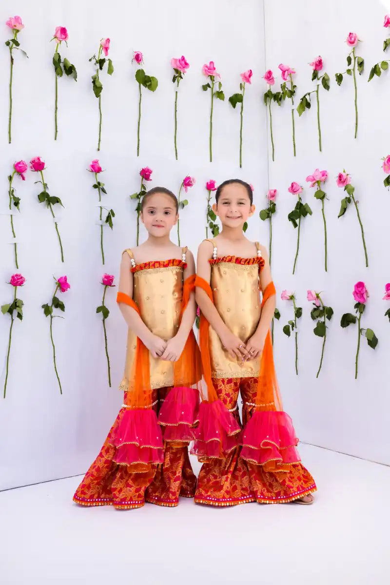 Mia & Mila - Mini Empress - Gold & Orange - Pure Mesuri & Jamawar - 2 Piece