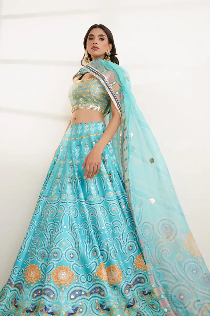 Sania Maskatiya - Misaa - Khaddi Silk, Pure Rawsilk & Organza - Aqua - Choli, Lehnga & Dupatta - 3 Piece