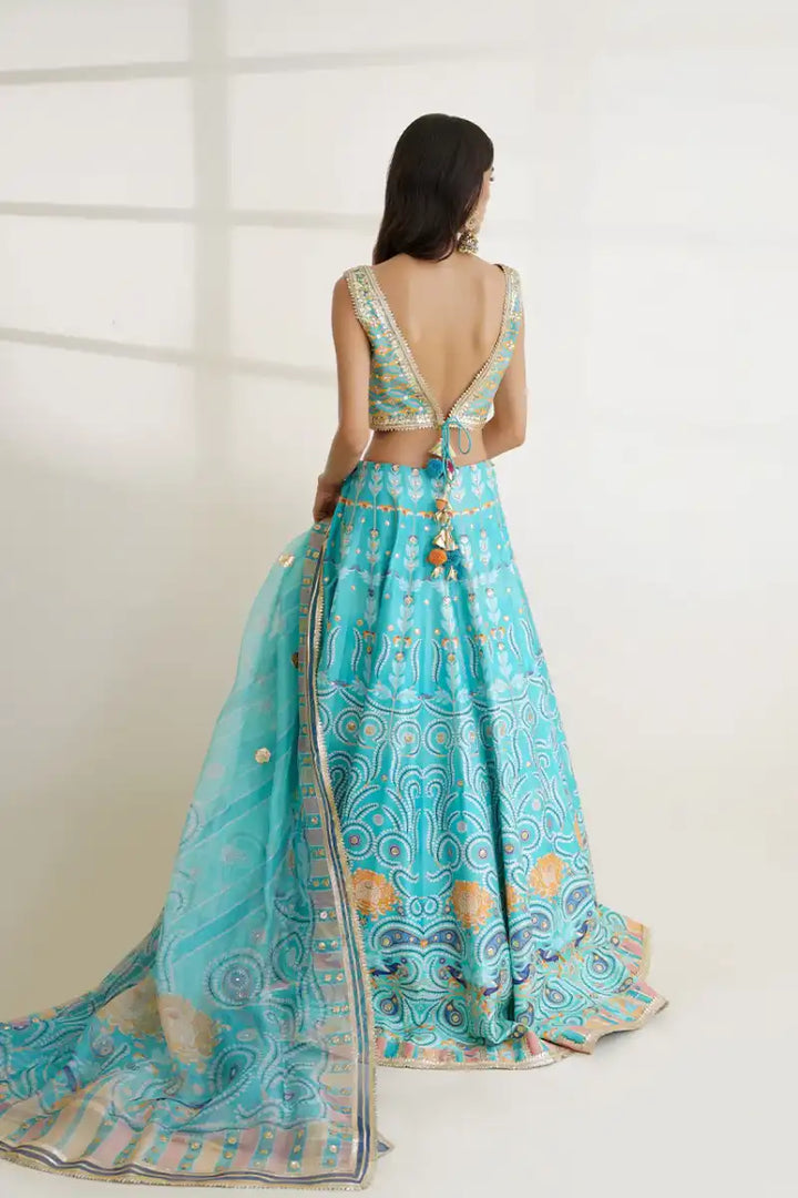 Sania Maskatiya - Misaa - Khaddi Silk, Pure Rawsilk & Organza - Aqua - Choli, Lehnga & Dupatta - 3 Piece