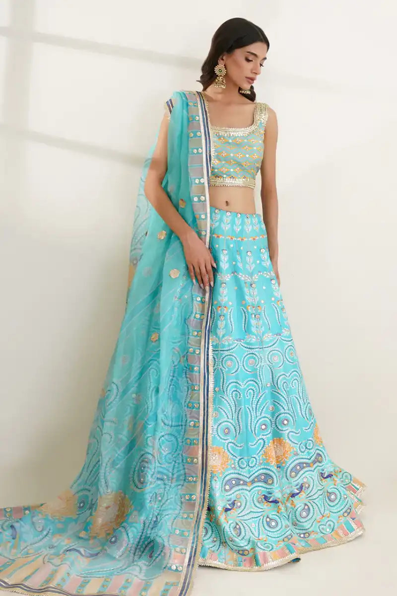 Sania Maskatiya - Misaa - Khaddi Silk, Pure Rawsilk & Organza - Aqua - Choli, Lehnga & Dupatta - 3 Piece