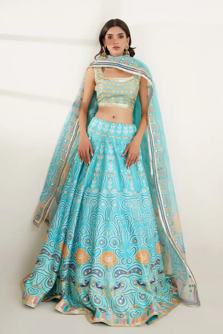 Sania Maskatiya - Misaa - Khaddi Silk, Pure Rawsilk & Organza - Aqua - Choli, Lehnga & Dupatta - 3 Piece