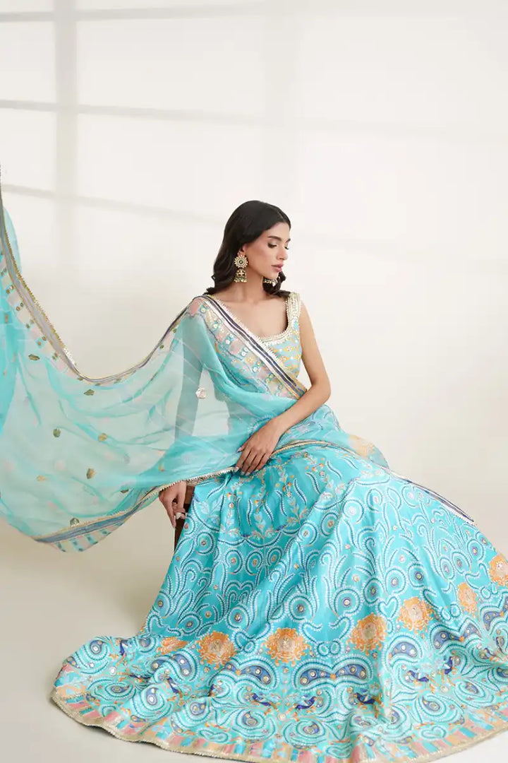 Sania Maskatiya - Misaa - Khaddi Silk, Pure Rawsilk & Organza - Aqua - Choli, Lehnga & Dupatta - 3 Piece