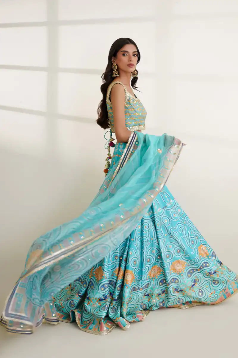 Sania Maskatiya - Misaa - Khaddi Silk, Pure Rawsilk & Organza - Aqua - Choli, Lehnga & Dupatta - 3 Piece