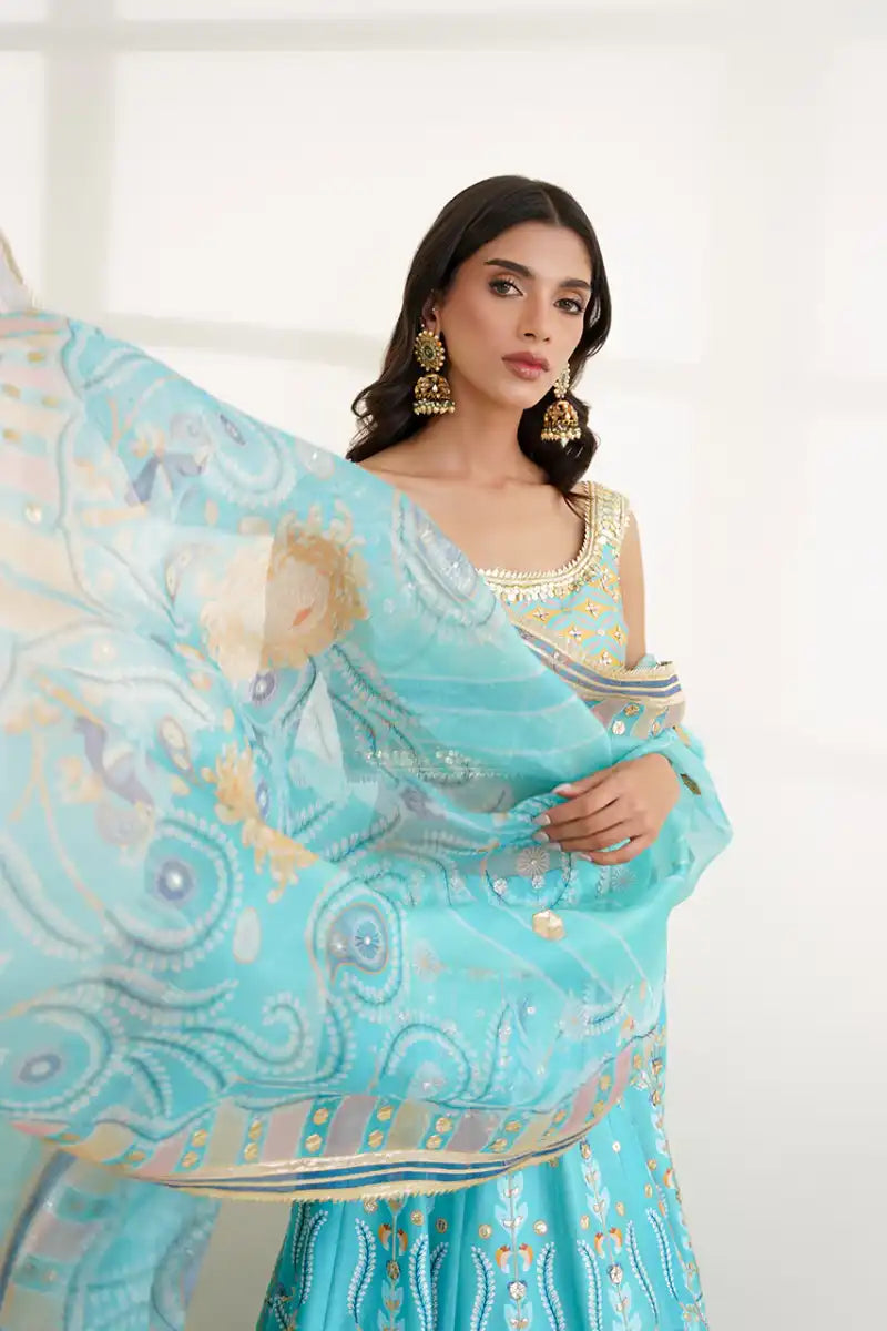 Sania Maskatiya - Misaa - Khaddi Silk, Pure Rawsilk & Organza - Aqua - Choli, Lehnga & Dupatta - 3 Piece