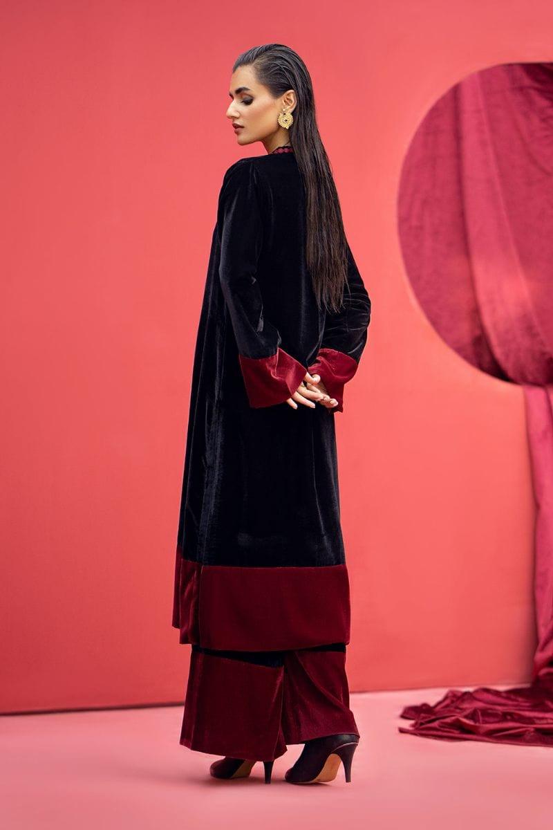 Fozia Khalid - SOFIA -Vevet - Maroon & Black - 2 Piece - Studio by TCS