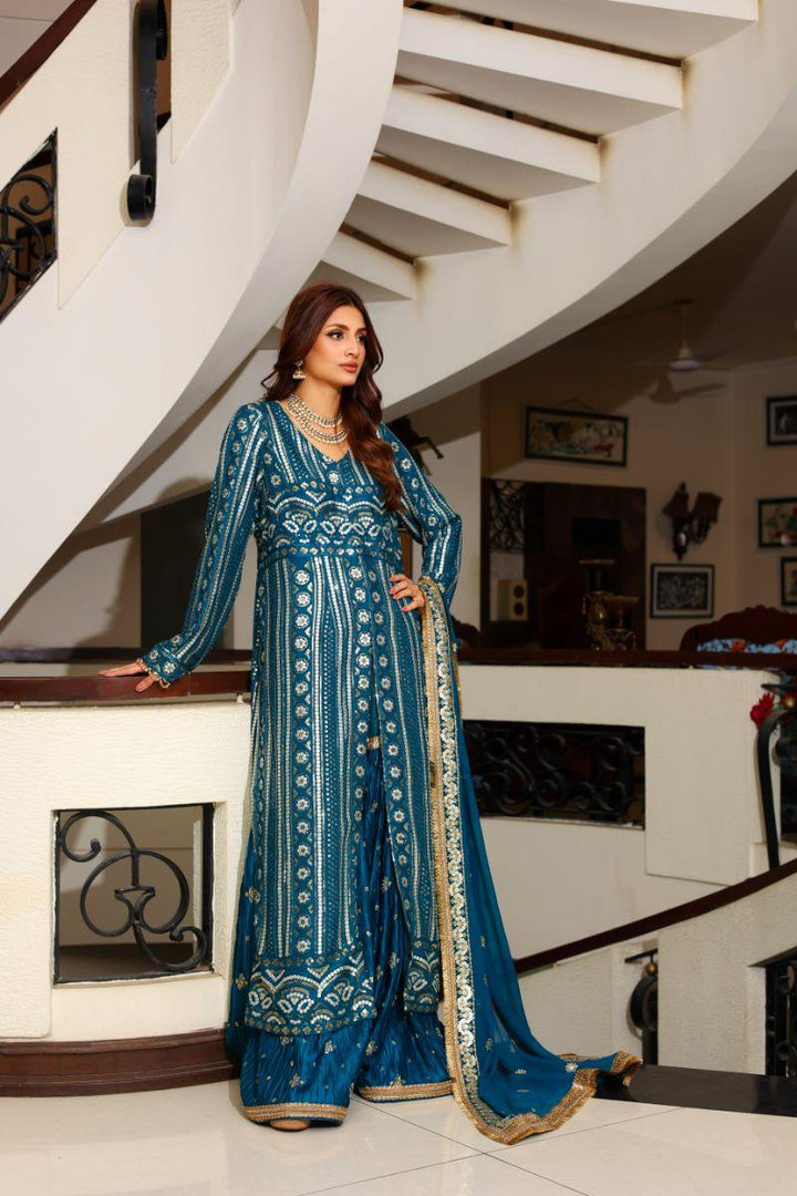 Huma Adnan - Nargis - Chiffon - Teal Blue - 3 Piece