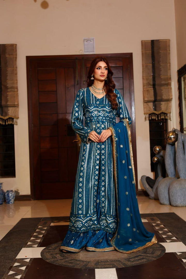 Huma Adnan - Nargis - Chiffon - Teal Blue - 3 Piece